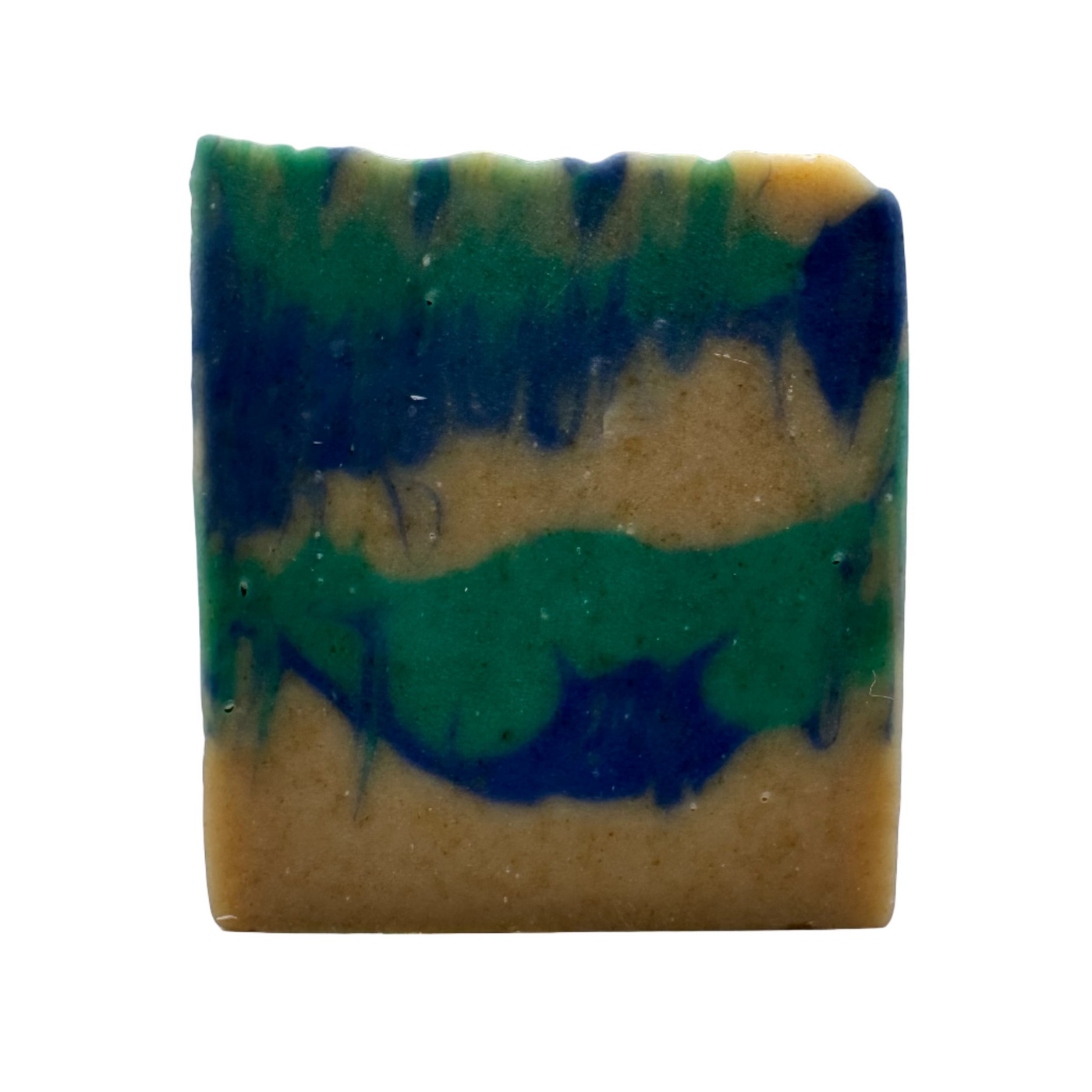 Bar of soap with green and blue swirls on a white background