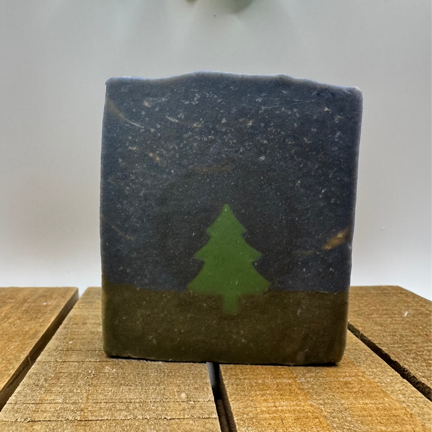 Bar of soap with a green tree design on a wooden surface, with colorful soap bars hanging in the background.