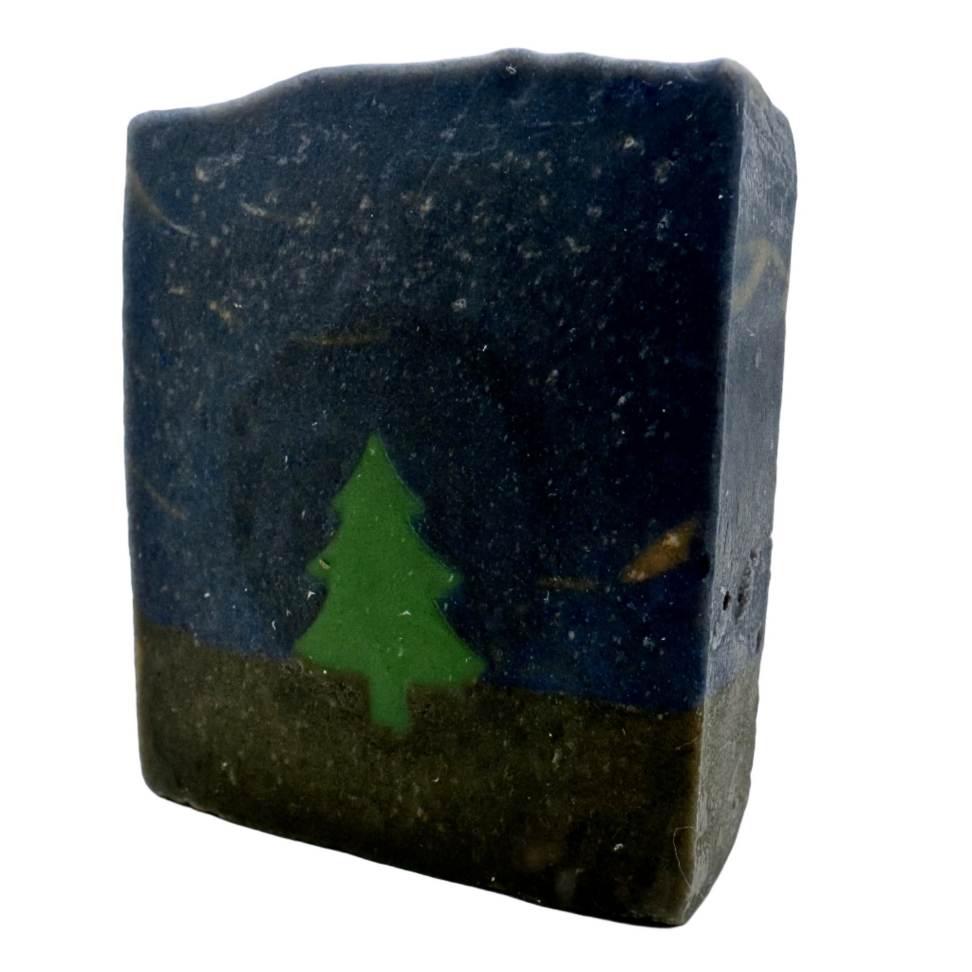 Bar of soap with a green tree design on a white background